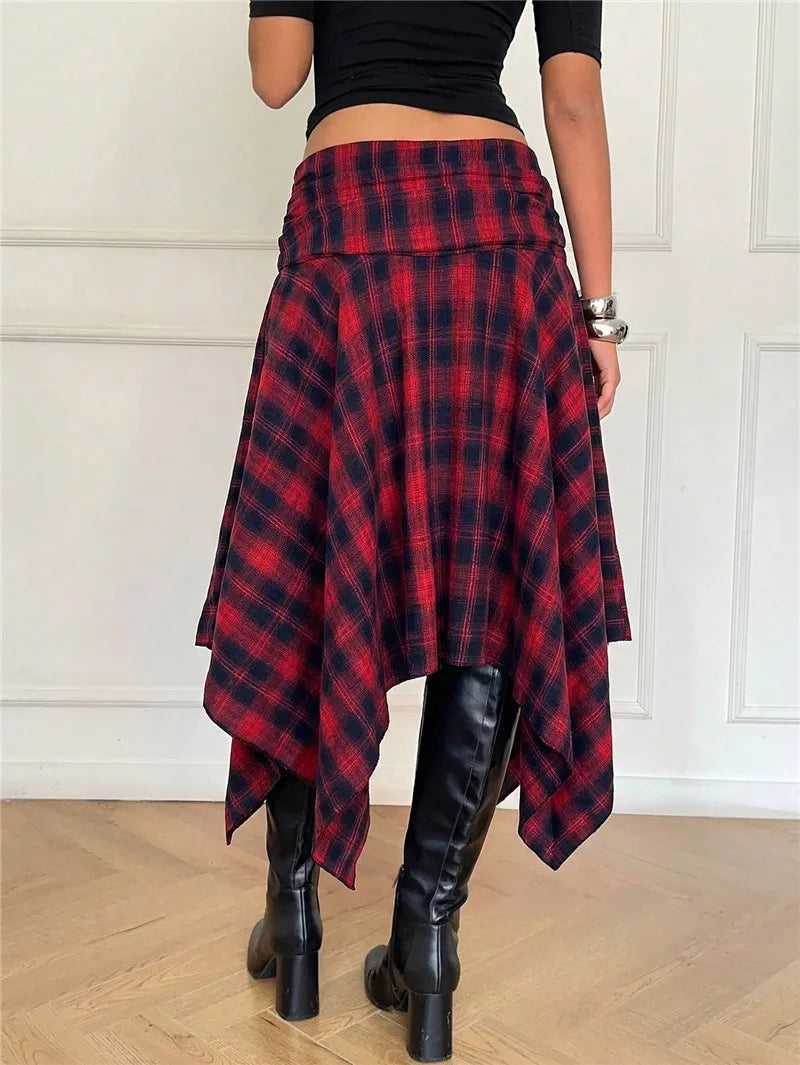 Y2K Preppy College Tartan Midi Skirt Women Fold Over Waist Irregular Asymmetric Hem Plaid A Line Flare Skirt Streetwear