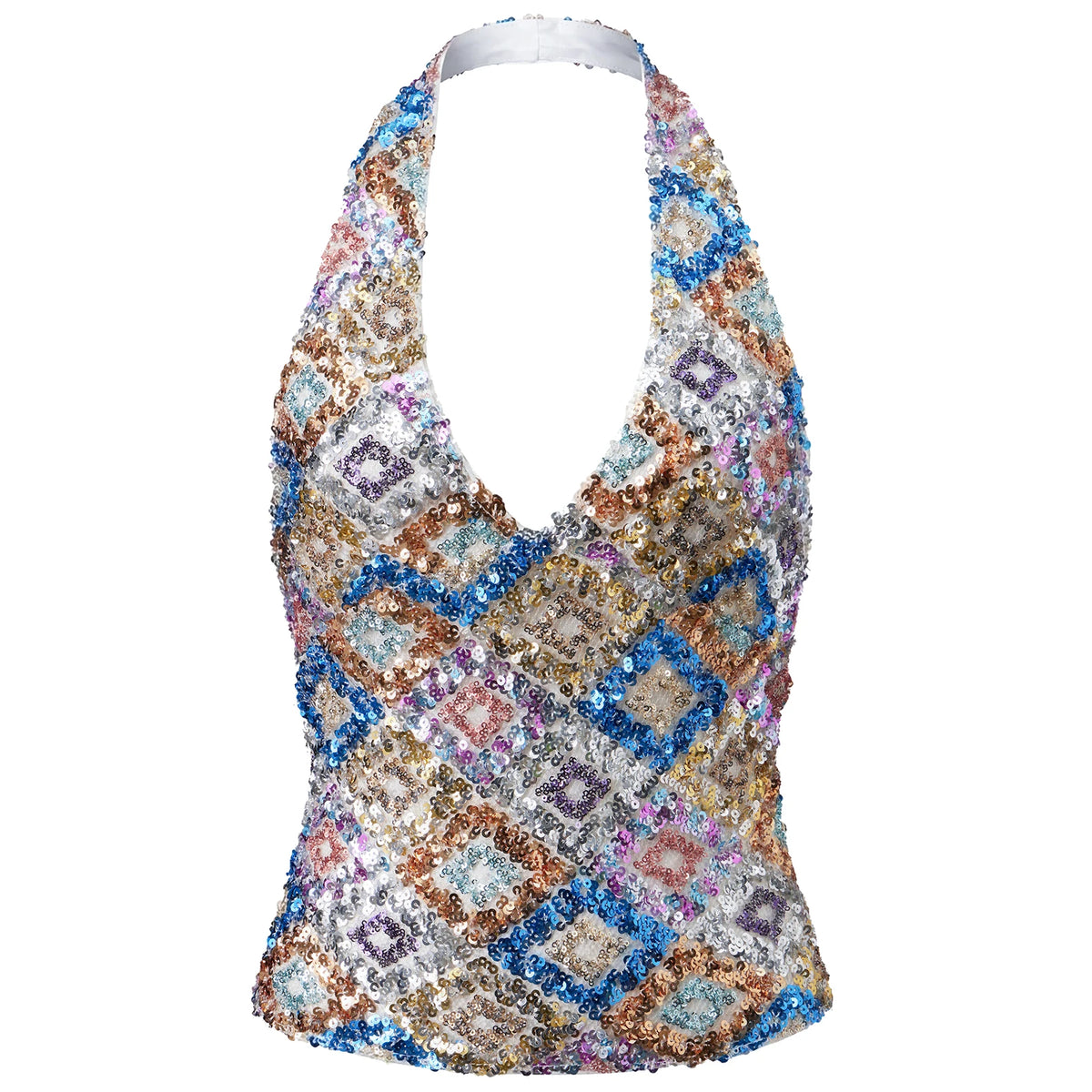 Y2K Sparkly Sequin Halter Neck Top V Neck Sleeveless Geometric Pattern Crop Top for Streetwear and Going Out Styling