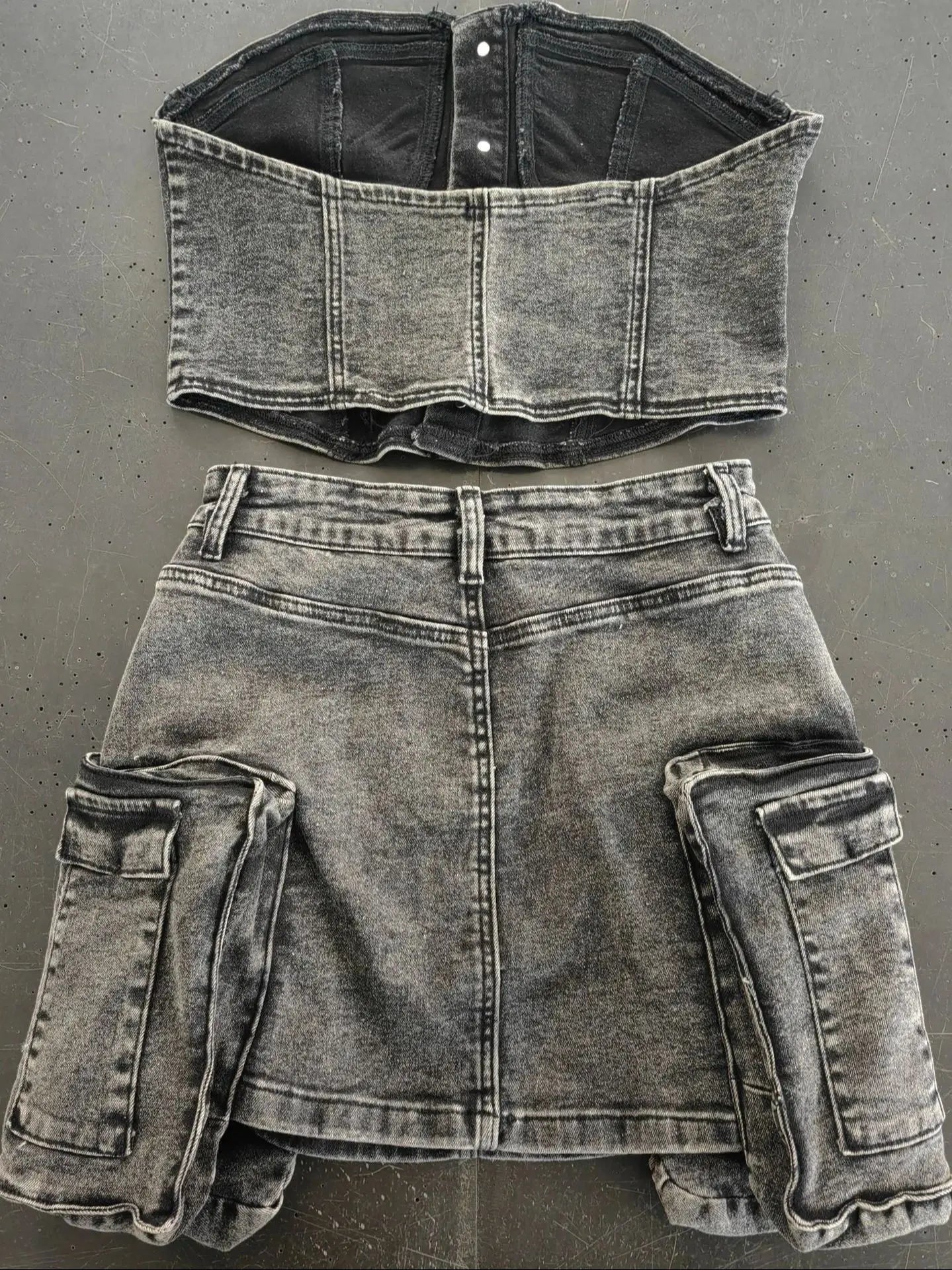 Denim Y2K Women 2 Piece Set Hipster Frock Pocket Strapless Tops+Peach Hip Skirts Matching Clubwear Vintage Outfits