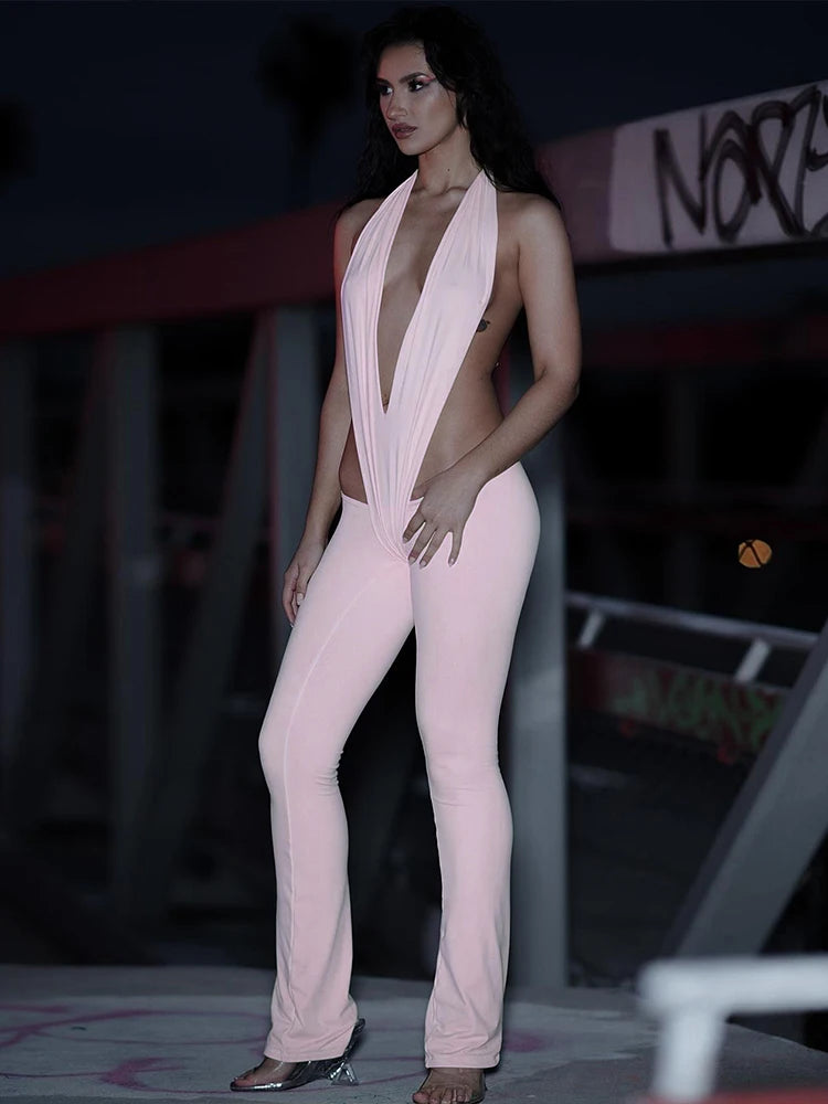 Irregular Hollow Sexy Jumpsuits Women Bandage Halter Deep V-Neck Backless Skinny Stretch Hot Girls Hipster Streetwear