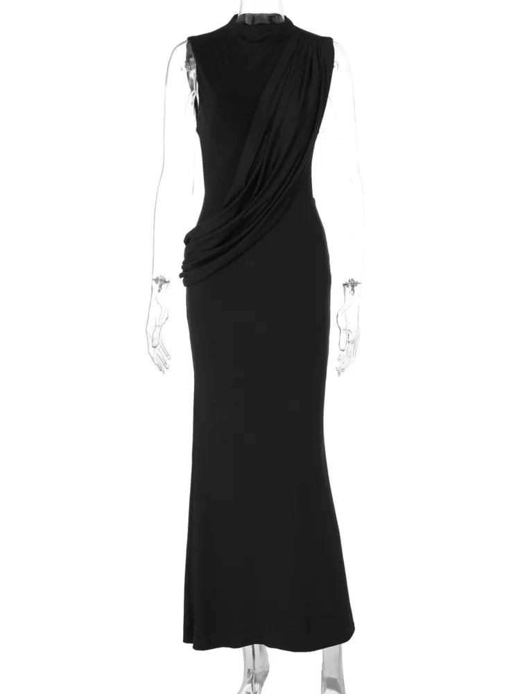 High Neck Draped Ruched Maxi Dress Women Elegant Sleeveless Bodycon Evening Club Party Long Dress Female Cocktail Gown
