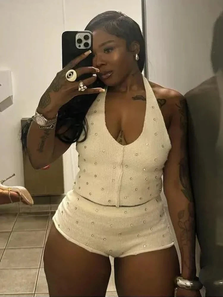 Diamond Women 2 Piece Set Luxury Knit Halter Backless Tank Tops+Shorts Casual Matching Streetwear Stretch Simple Suit