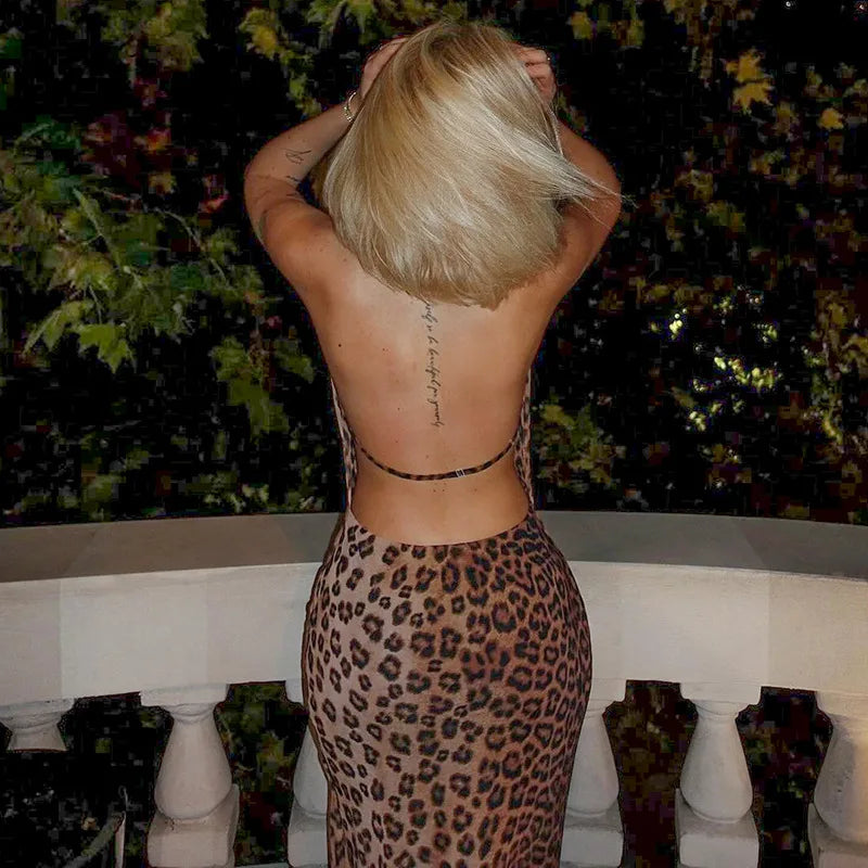 Leopard Print Halter Backless Long Dresses Beach Vacation Outfits Birthday Dress Women Sexy Party Wear