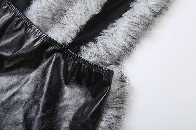 Fluffy Halter Dress Women Backless Sleeveless Sexy Leather Deep v-Neck Hipster Midnight Clubwear Rave Party Bodycon