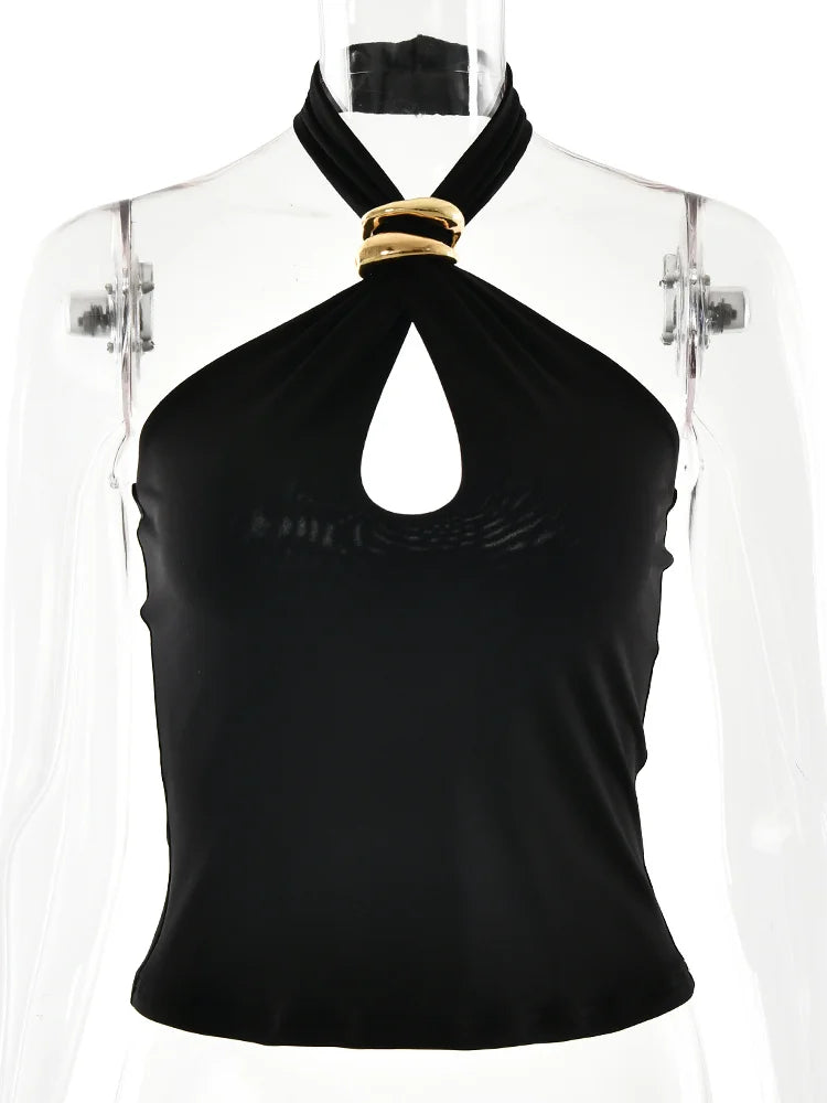 Hollow Vest Women Sleeveless Backless Skinny Sexy Halter Metal Trim Summer Daily Classic Simple Y2K Chic Tank Tops