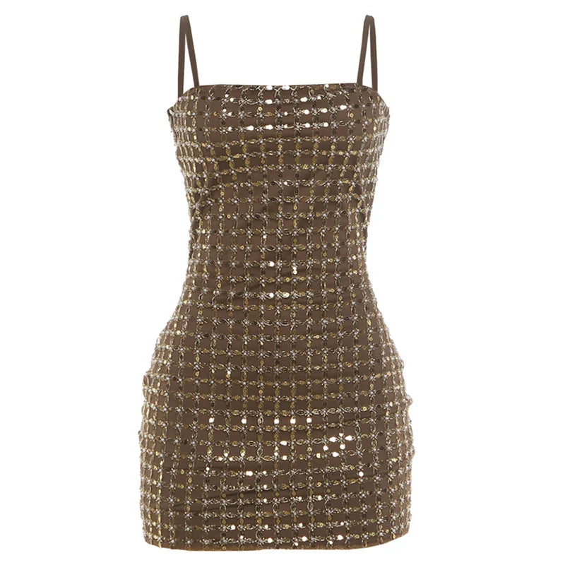 Sequin Lattice Embellish Mini Bodycon Dress Sexy Woman Clothing Night Out Club Dresses