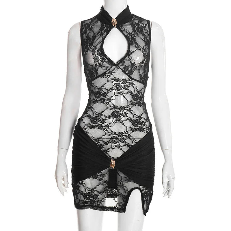 Women Bodycon Mini Dress Sexy Sleeveless Lace See Through Dress Slim Fit Slit Summer Sheer Dress Party Clubwear