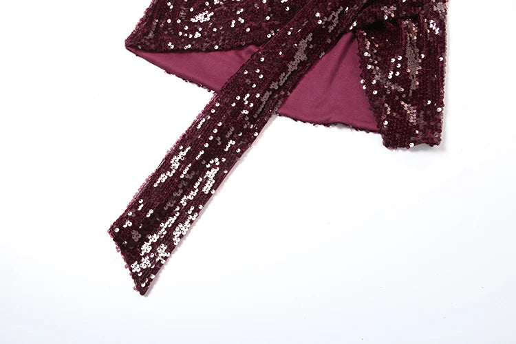 Shiny Sequins Dress Women Halter Scarf+Sexy Deep V-Neck Backless Sleeveless Ruched Ribbon Club Coquettish Outfits