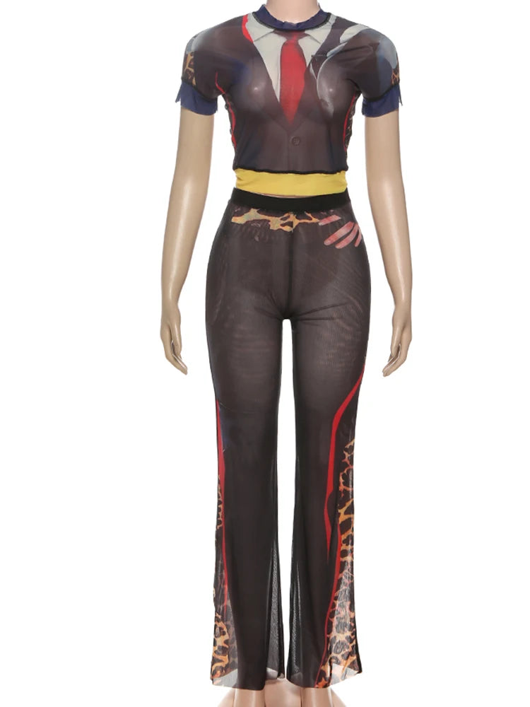 Sexy Women 2 Piece Set See Through Leopard Print Shorts Sleeve Crop Tops+Flare Pants Matching Clubwear Skinny Outfits