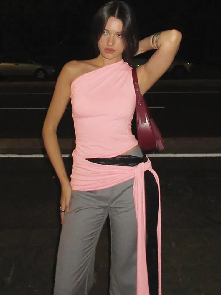 Woman Summer Top Streetwear Lace Up Cut Out One Shoulder Asymmetrical Tank Tops Solid Color