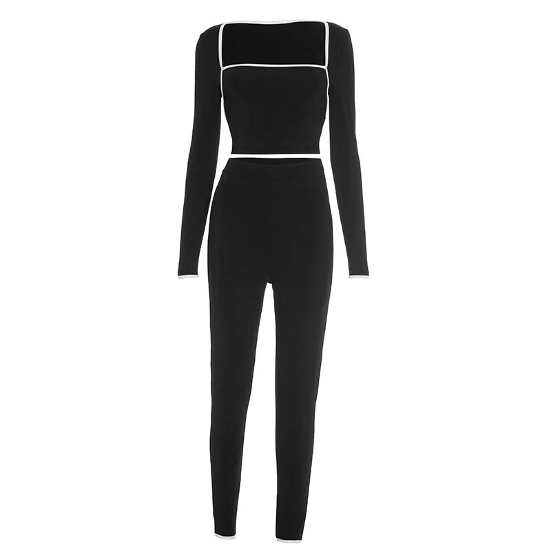 Casual Tracksuit 2-Piece Set Women White Edge Square Collar Crop Top+Leggings Fitness Stretch Slim Matching Outfits