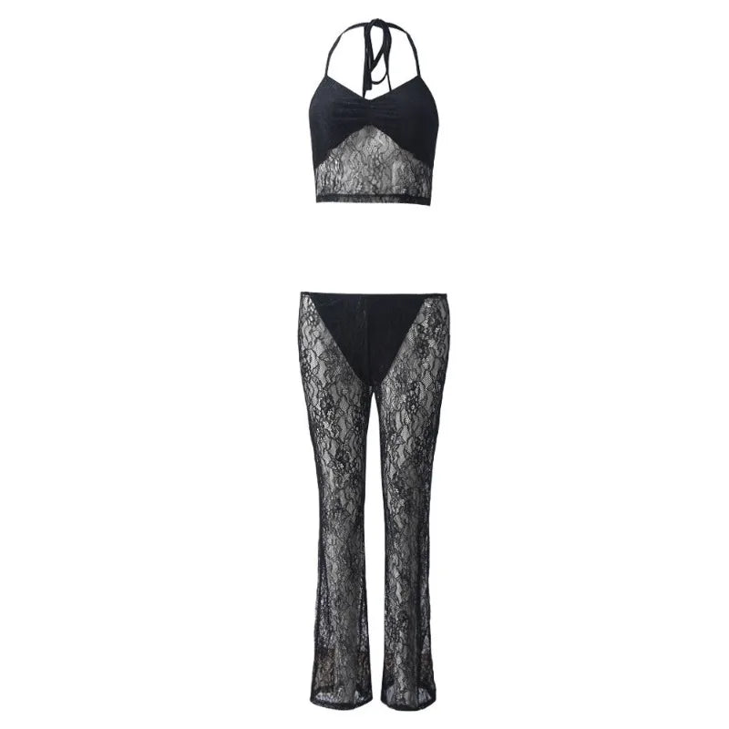 See Through Lace Mesh 2 Piece Sets Crop Top and Low Rise Pant Sets Sexy Summer Clothes for Women Outfits