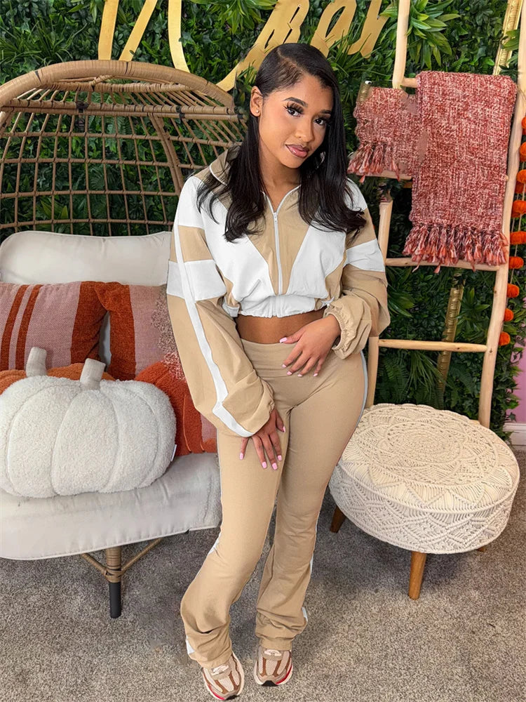 Contrast Patchwork Tracksuit 2 Piece Set Women Zipper Cardigan Jacket+Skinny Pants Casual Fashion Simple Sporty Suit