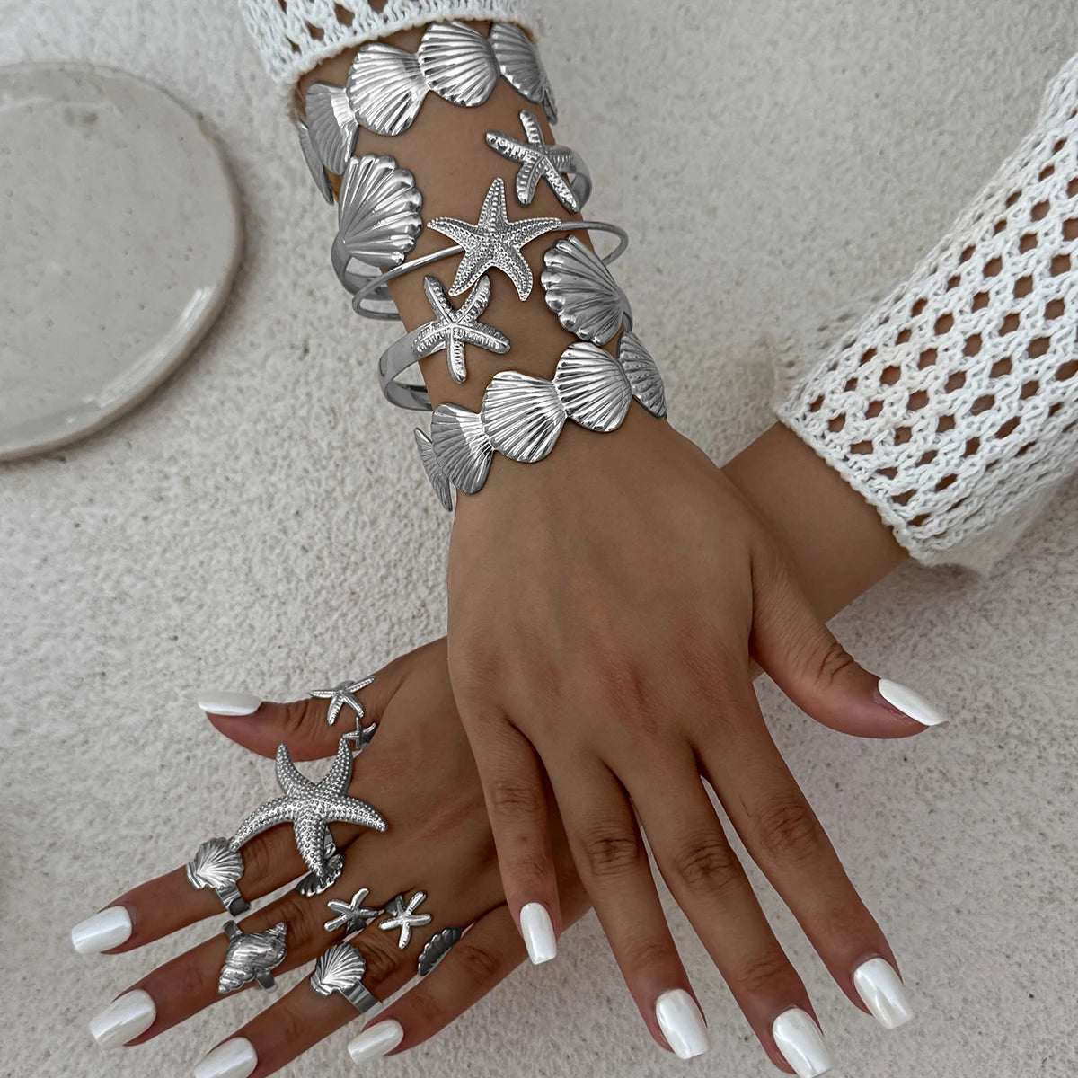 12Pcs/Set Punk Starfish Scallop Open Cuff Bangles Adjustable Rings for Women Boho Armband Bracelets Summer Jewelry Set
