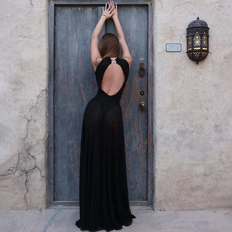 Mesh Patchwork Sheer Black Party Dresses Luxury Elegant Sleeveless Backless A-line Maxi Dress Woman Clothes