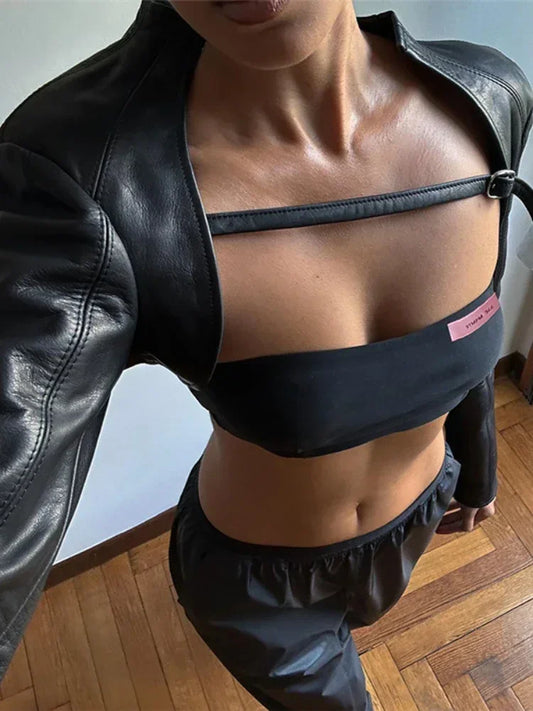 Crop PU Leather Jacket Women with Tube Top Two Piece Set Streetwear Fashion Black Coats Winter Clothes