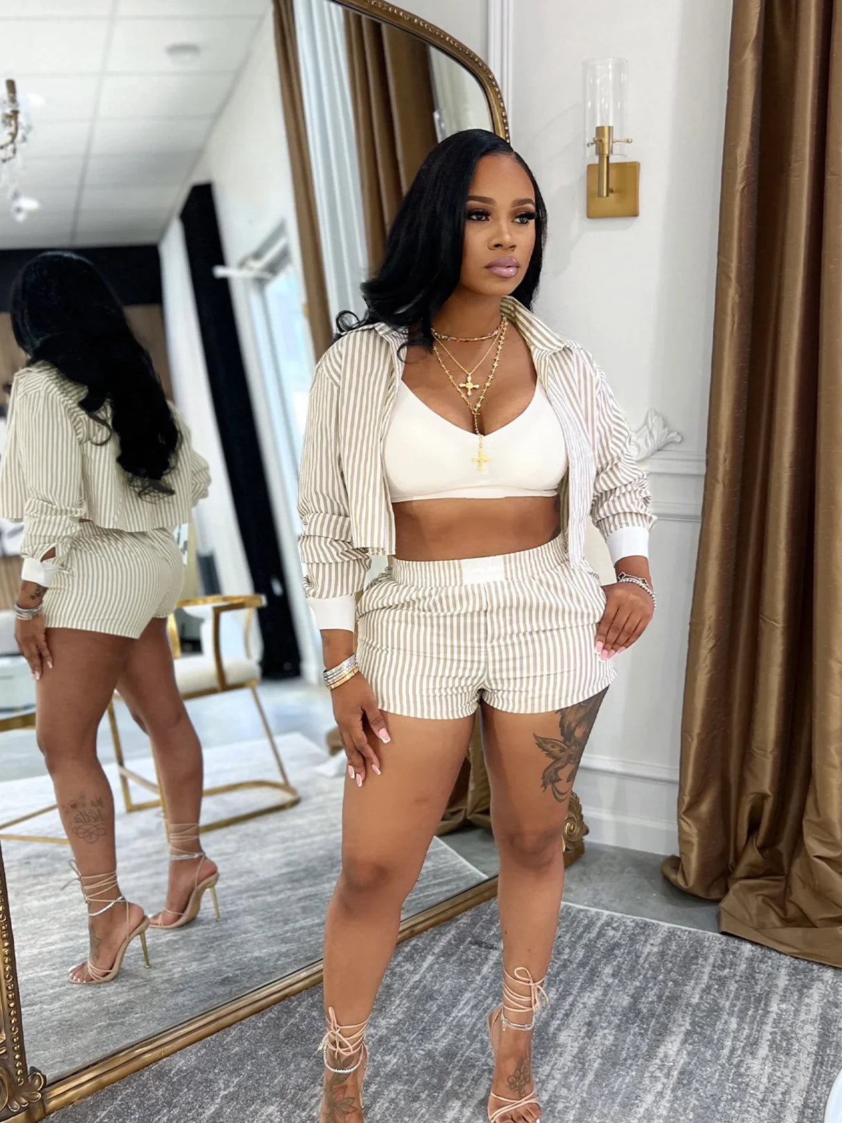 Stripe Single Button 2 Piece Set Women Elegant Patchwork Crop top+Shorts Casual Streetwear Simple Activity Outfits