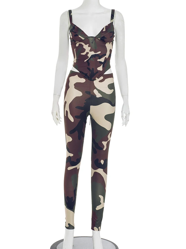 Camouflage Print 2 Piece Set Women Tracksuit V-Neck Shirring Backless Camisole+Pants Matching Street Casual Outfits