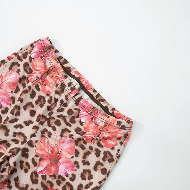 Halter Women 2 Piece Set Halter Swing Collar Backless Tank Tops+Leopard Print Bike Shorts Stretch Matching Clubwear