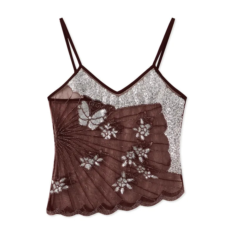 Sexy Sequin Slim Fit Irregular Strap Tank Crop Tops Versatile Sexy Hot Girl Summer Mesh See Through Sleeveless Tee Shirt