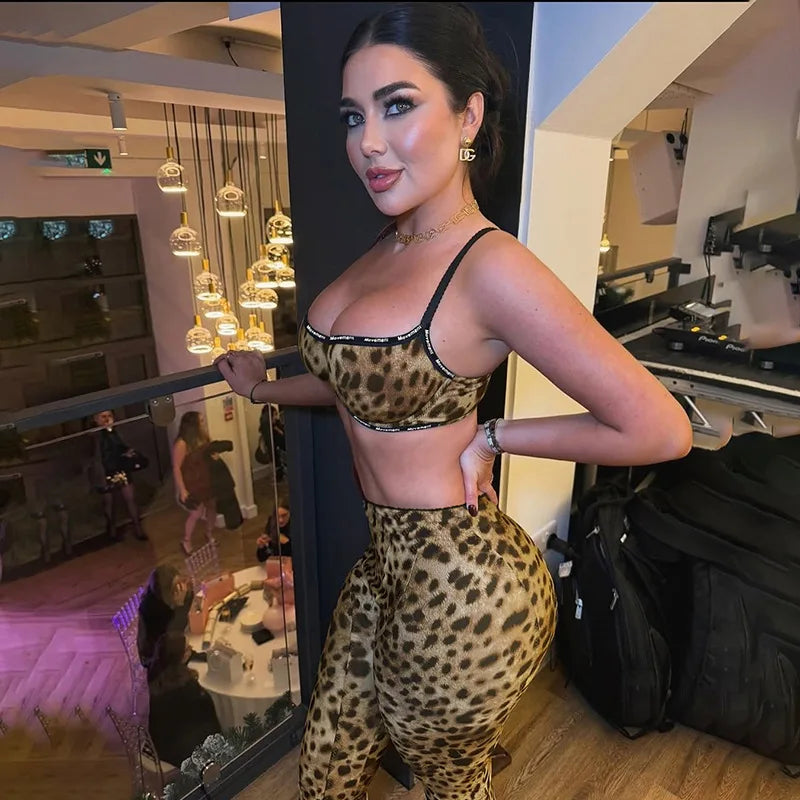 Leopard Print Two Piece Pant Sets for Women Baddie Outfits Sexy Bralette Crop Top and Leggings Matching Set