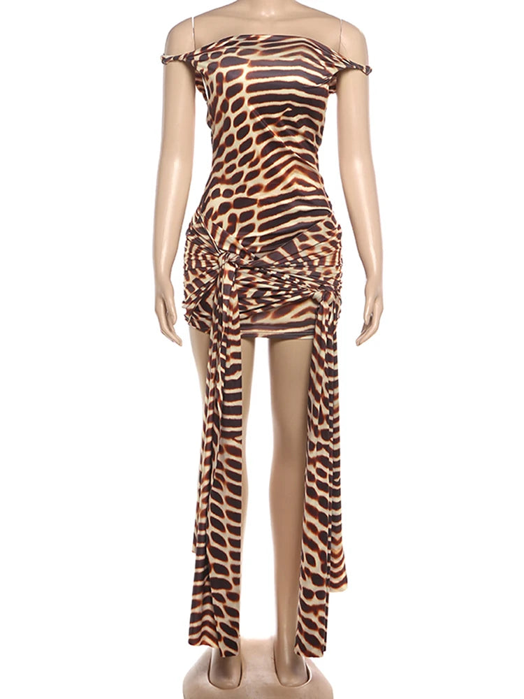 Fashion Tiger Stripe Print Dress Women Slash Neck Bandage Tassels Folds Sexy Beach Party Midnight Coquett Mini Bodycon