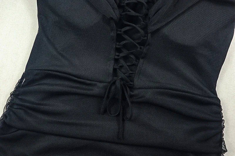 Shirring Dress Women Cross Slash Neck Elegant Patchwork Mesh Folds Stretchy Birthday Prom Evening Party Slim Vestidos