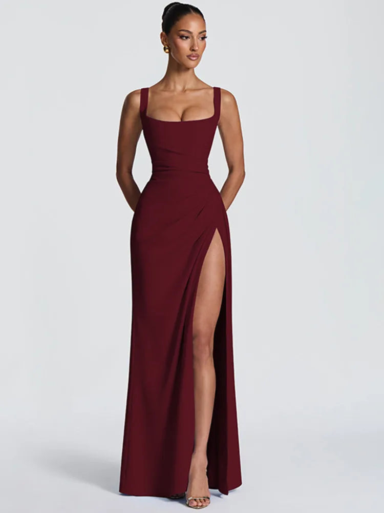 Square Collar Backless Sexy Maxi Dress Women Elegant Spaghetti Strap Sleeveless High Split Bodycon Club Party Dress