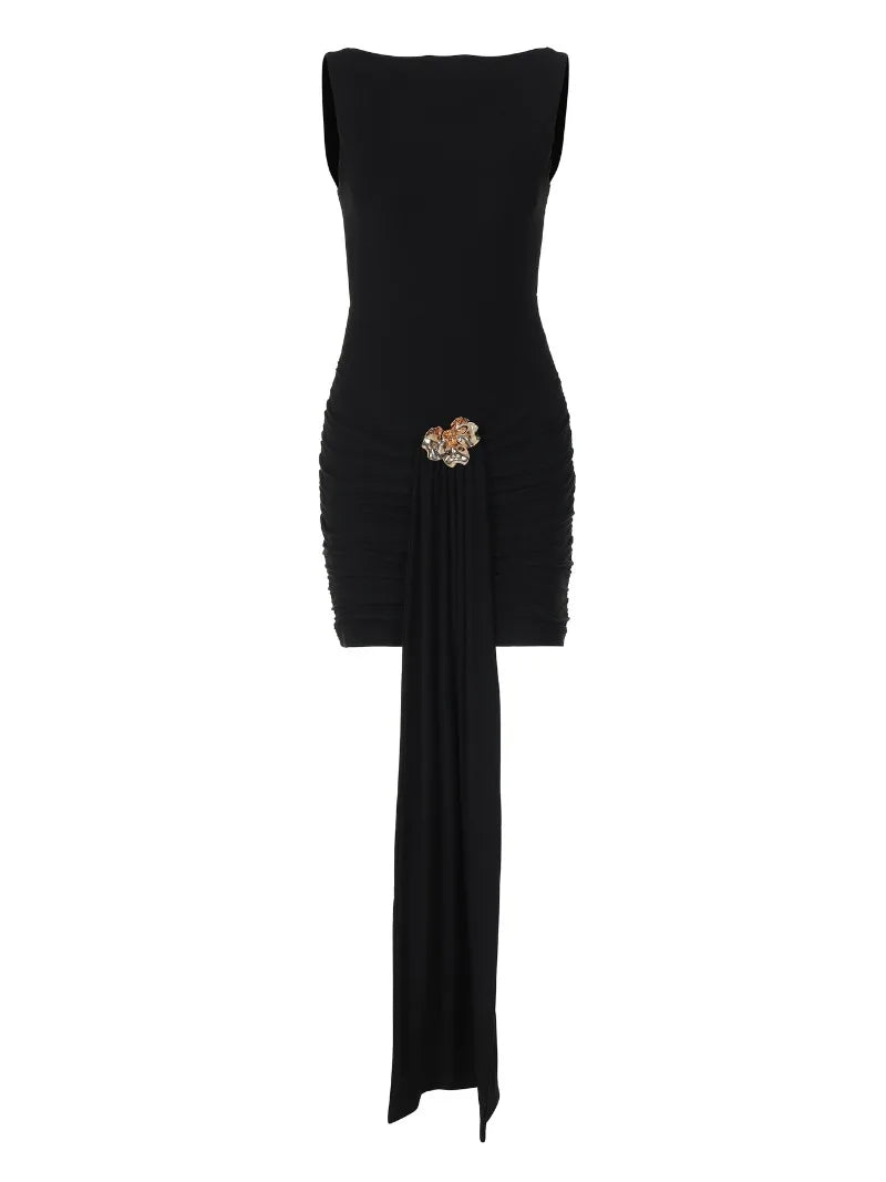 Sleeveless Draped Backless Short Dresses Black Luxury Cocktail Party Evening Dresses Elegant Woman Outfits