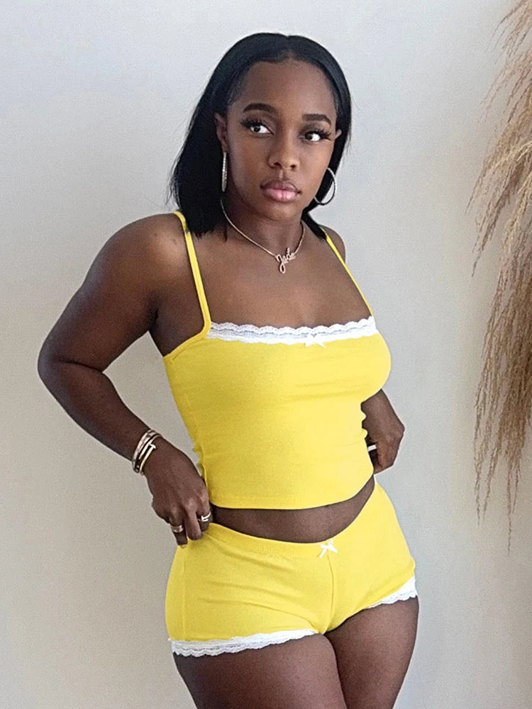 Lace 2 Piece Set Women Sporty Casual Tracksuit Camisole Tops+Shorts Matching Tight Streetwear Skinny Stretch Outfits