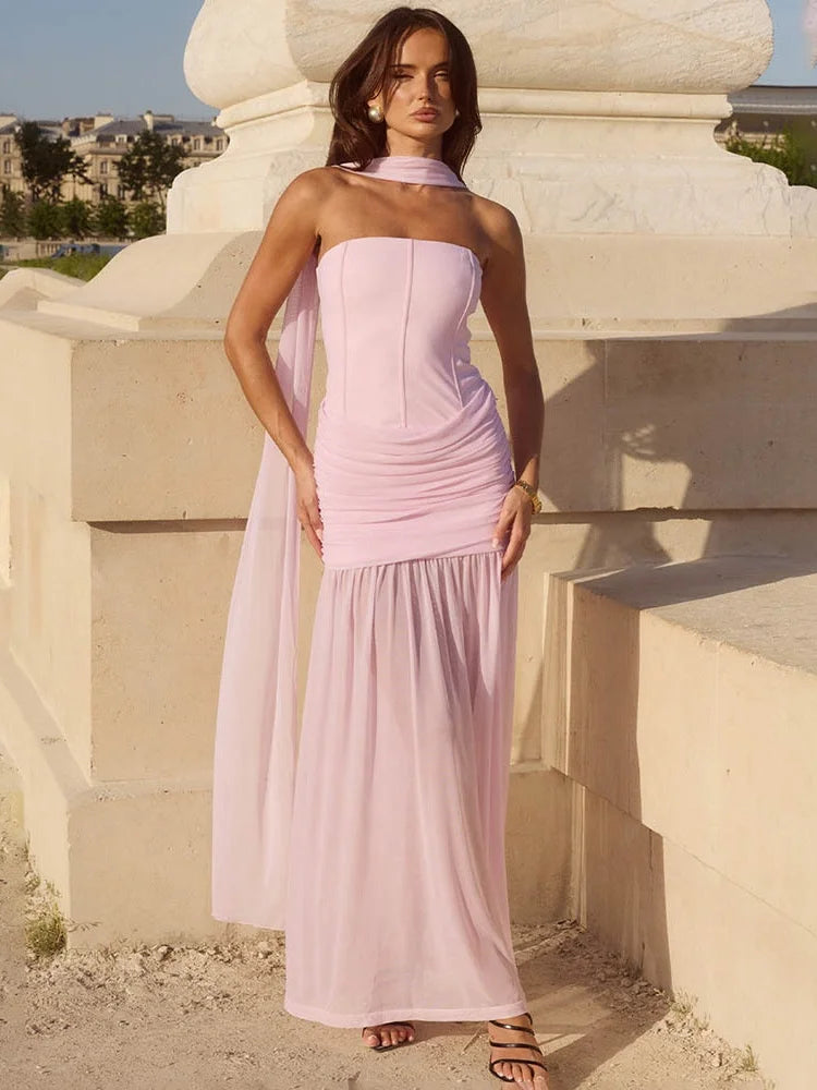 Transparent Mesh Patchwork Strapless Maxi Dress with Scarf Pink Black Elegant Party Dresses for Woman