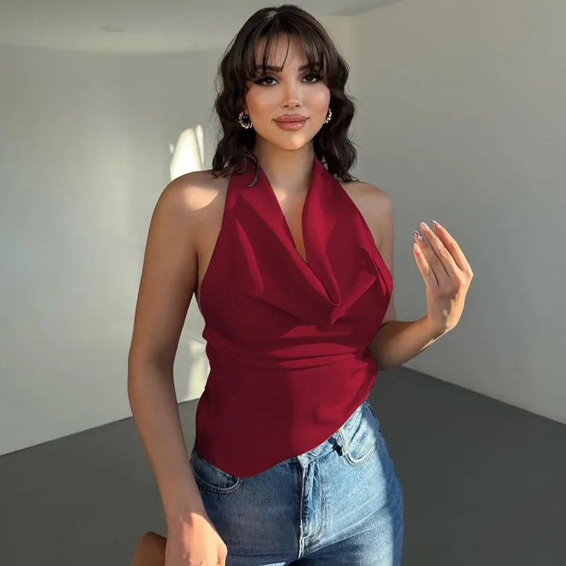 Woman Summer Top Elegant Sexy Backless Halter Tops Solid Satin Tanks & Camis