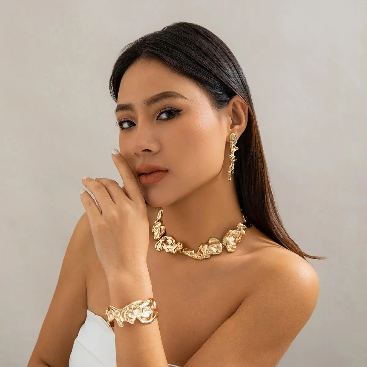 Unique Creative Irregular Big Heavy Metal Chain Necklace for Women Punk Adjustable Bracelet Earring Grunge Jewelry Set Steampunk