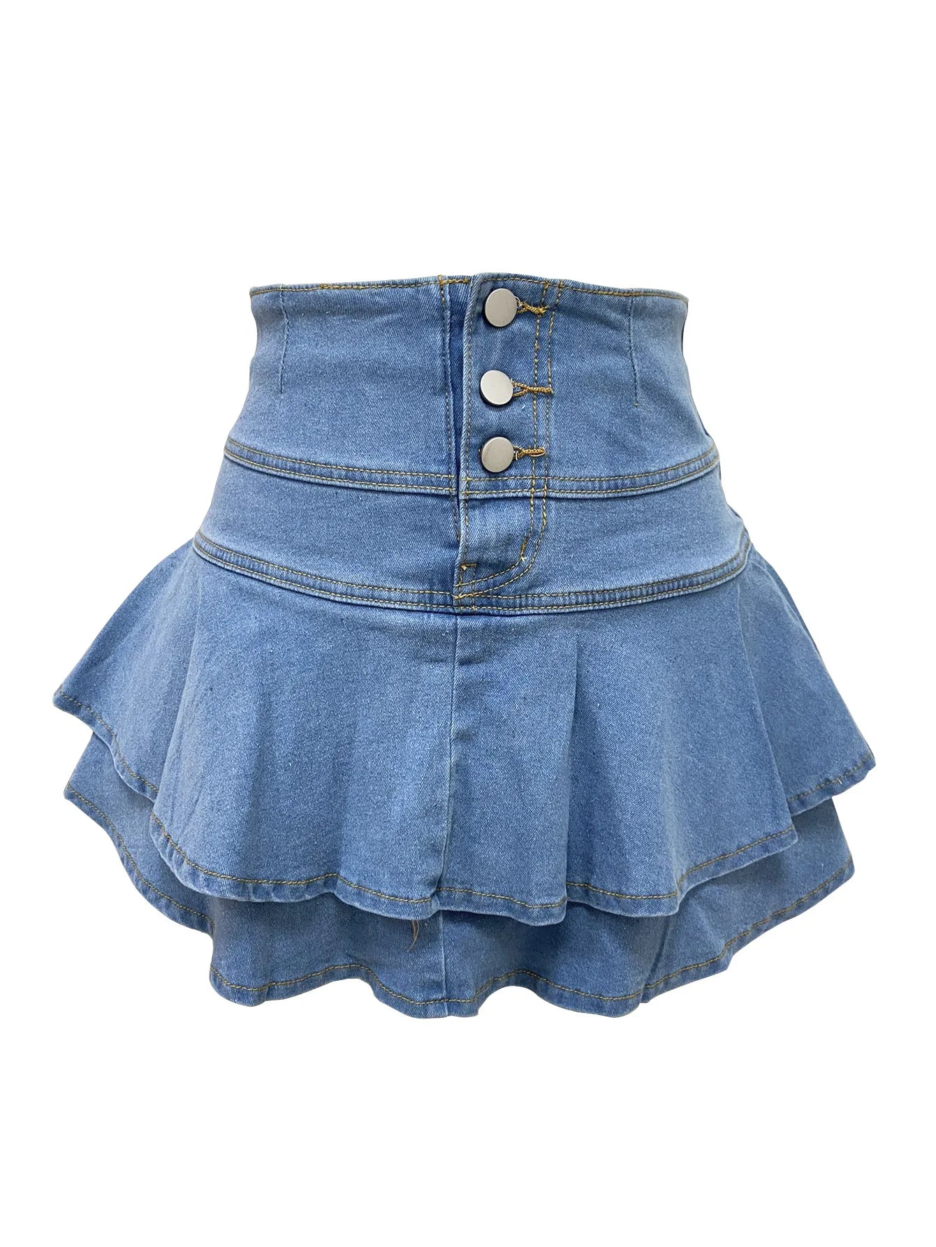 Sexy Denim Tierred Skirt Women Summer Casual High Waist A-line Buttons Beach Holiday Street Wash Blue Jeans Bottom