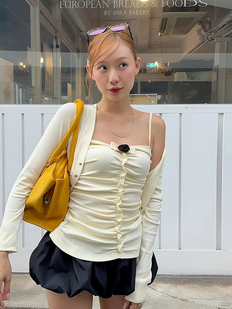 Bow Appliques T-Shirt Women Sweet Ruched Patchwork Camisole+Metal Buckle Crop Coat Stretch Skinny Hottie Streetwear