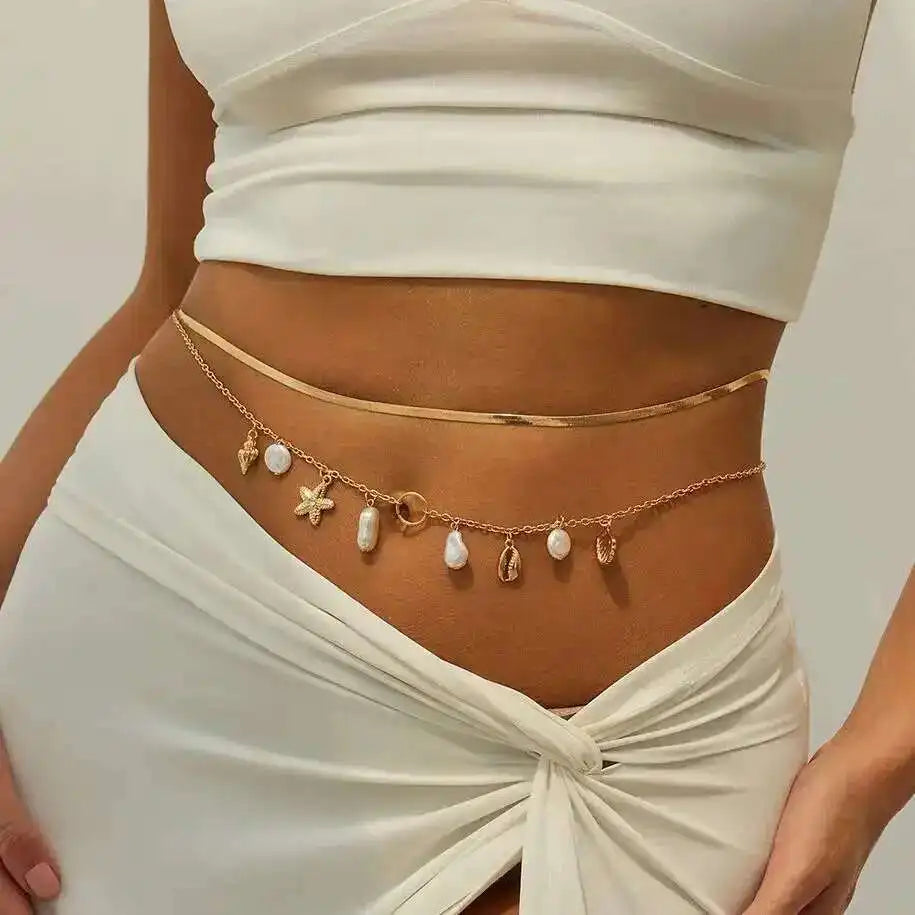 2Pcs/Set Summer Beach Vacation Sexy Bikini Waist Chain Boho Imitation Pearl Starfish Conch Pendant Body Chain Jewelrry