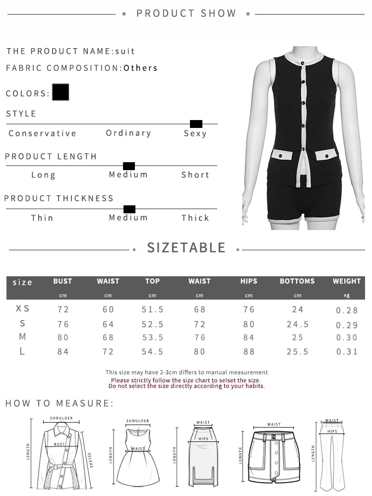 Patchwork Ribbed 2 Piece Set Women Sleeveless Single-Breasted Tops+Stretch Shorts Daily Casual Trend Classic Outfits