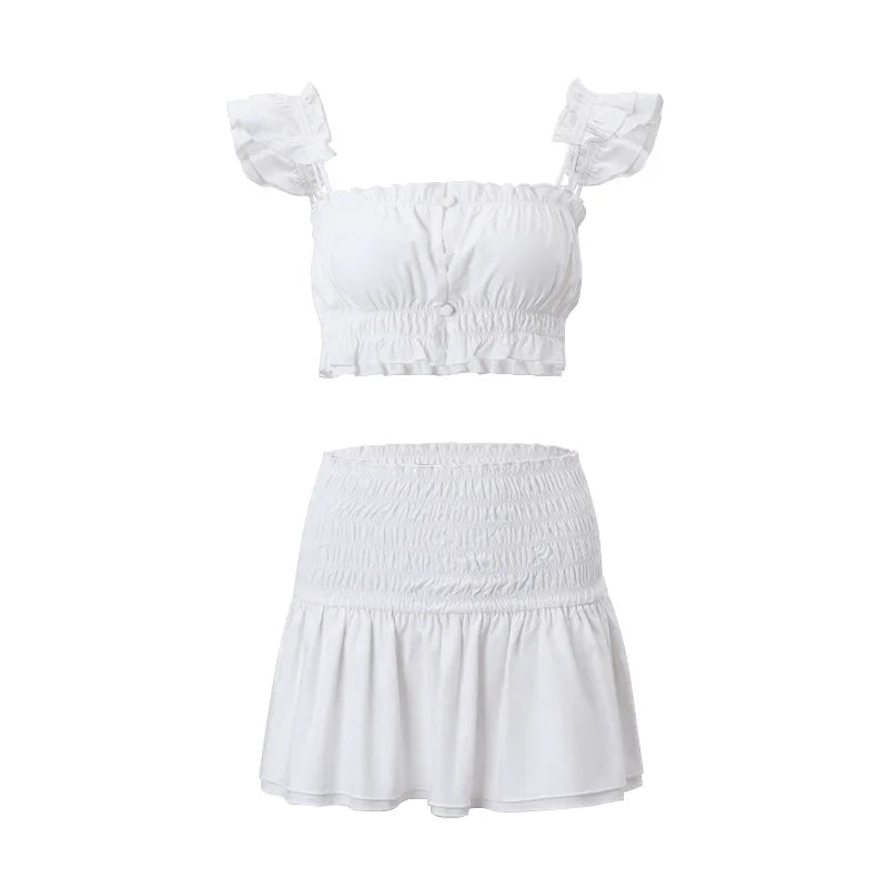 Y2k Cutecore Two Piece Set Low Rise Mini Skirt and Crop Top Sexy Holiday Outfits for Women White Short Dress