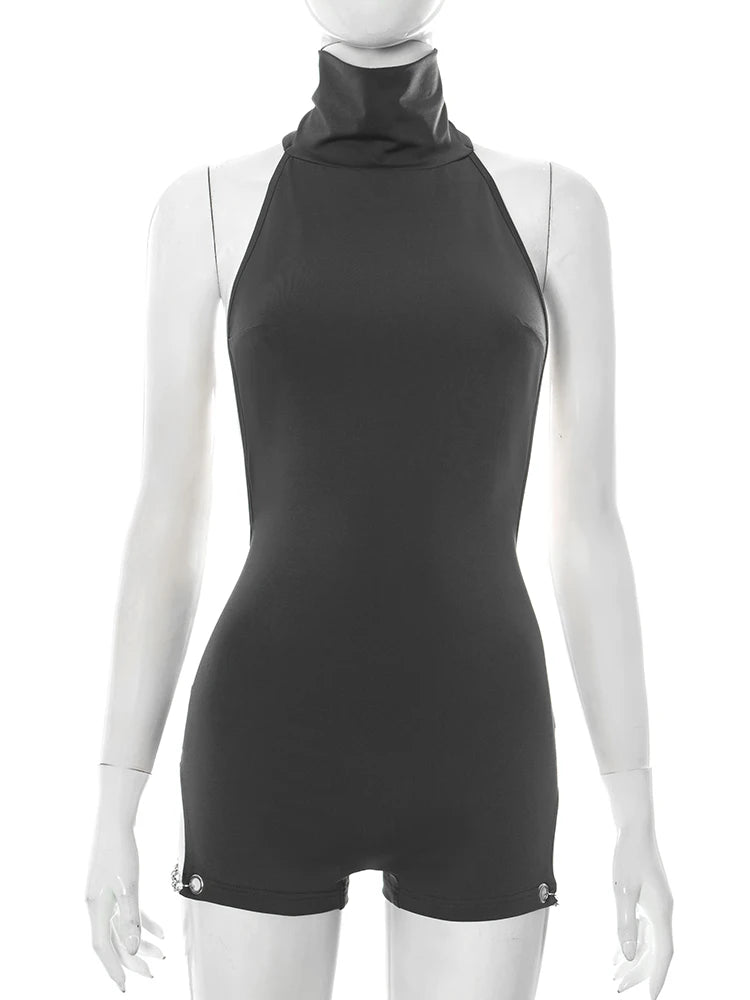 Sexy Backless Playsuits Women Halter Turtleneck Sleeveless Skinny Metal Chain Peach Hip Midnight Wild Style Rompers