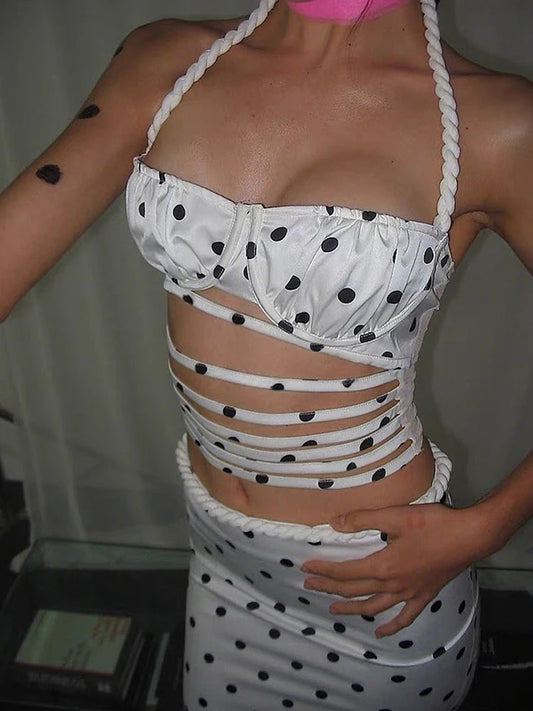 Polka Dots Print 2 Piece Set Women Halter Plait Hollow Stripe Camisole+Mid Skirts Simple Streetwear Matching Outfits