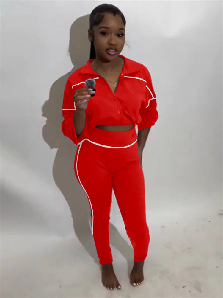 Patchwork 2 Piece Set Women Tracksuit Zip Shirring Hem Crop Jacket+Elastic Leggings Casual Daily Street Sporty Suits