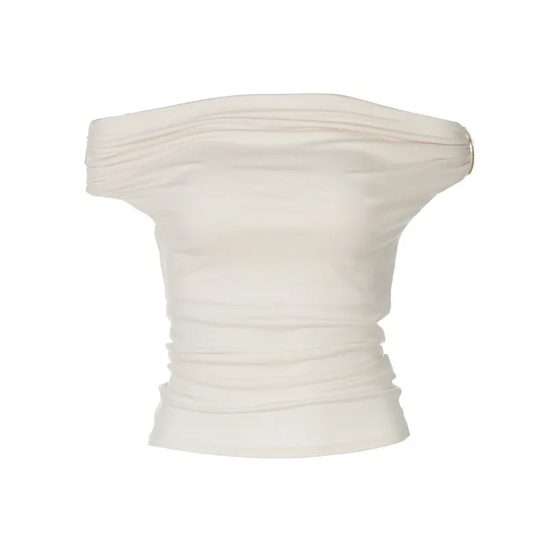 Hardwear Detail Off Shoulder Crop Tops Fashion 2025 Summer Clothes for Women Sexy Tight Fitted T Shirts