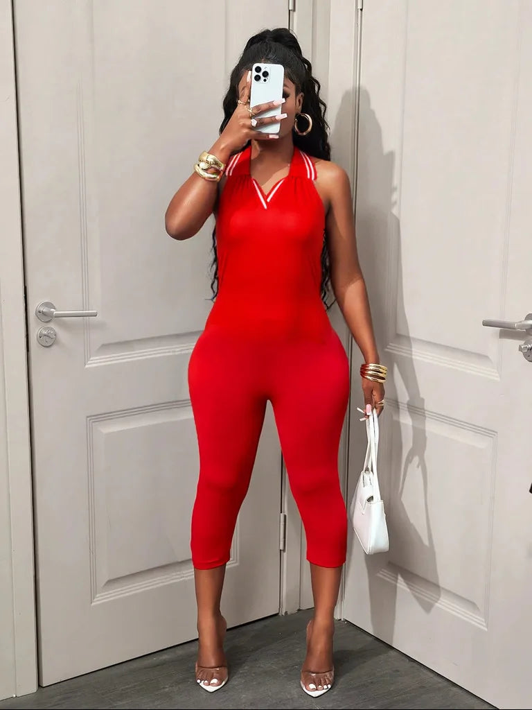 Backless Jumpsuit Women Sporty V-Neck Summer Hipster Halter Sleeveless Stretch Streetwear Activity Casual Overalls