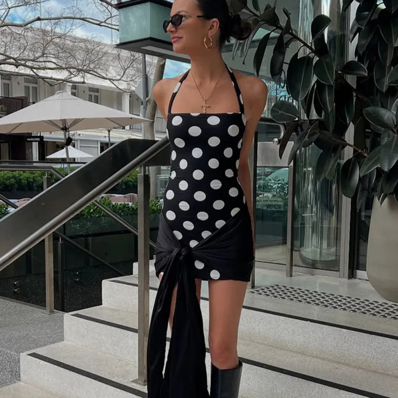 Women Polka Dot Halter Dress Summer Vintage Sleeveless Backless Mini Dress Sexy Tie Waist Bodycon Wrap Dress Party Club