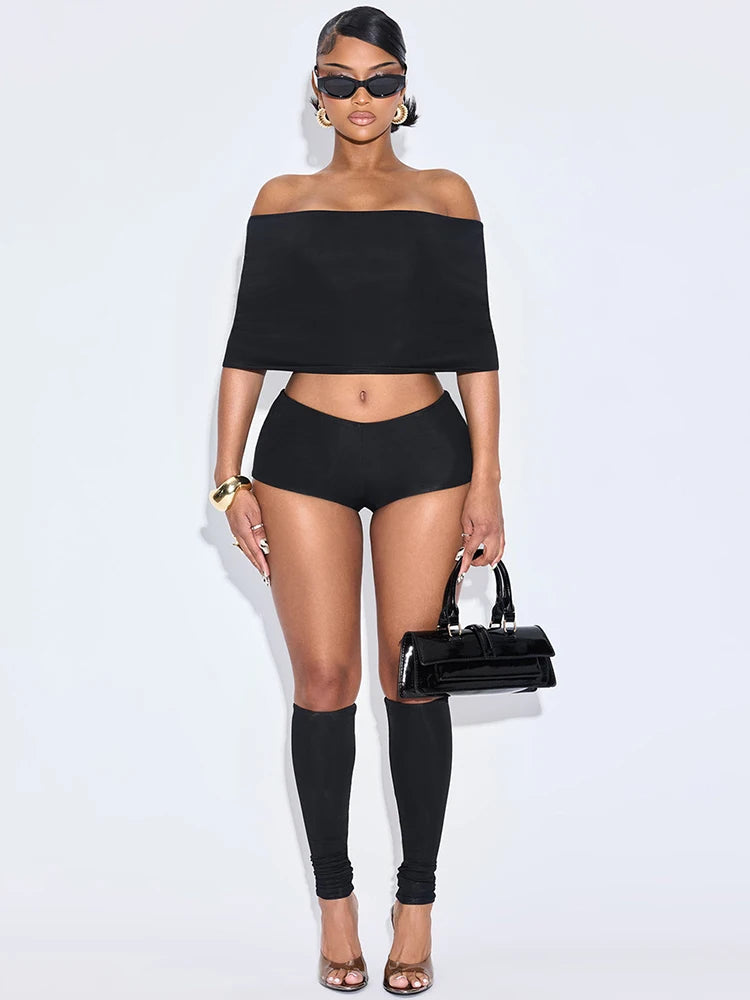 Hipster 3 Piece Set Women Slash Neck Mid Sleeve Crop Tops+Shorts+Foot Cover Simple Summer Trend Matching Streetwear