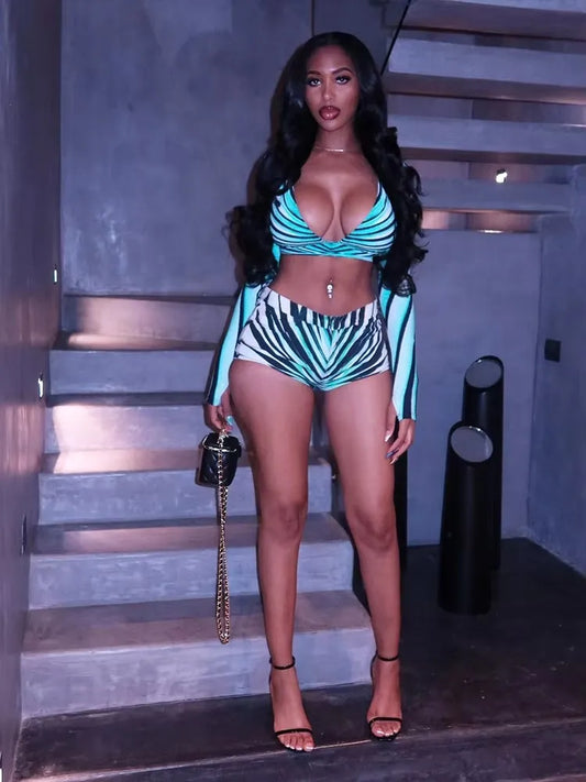 Zebra Print 2piece Set Women Tracksuit Casual Hipster Deep v-Neck Crop Tops+Shorts Stretch Streetwear Matching Suit