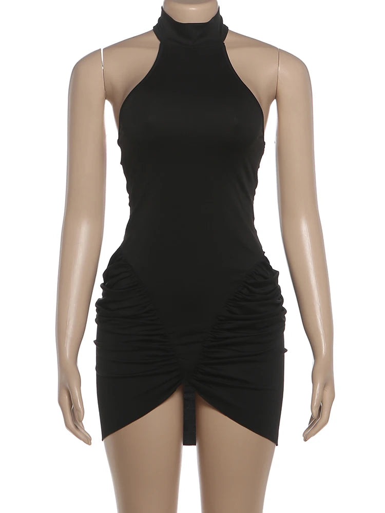 Irregular Hem Dress Women Halter Backless Sleeveless Folds Sexy Solid High Elasticity Party Fashion Street Mini Bodycon