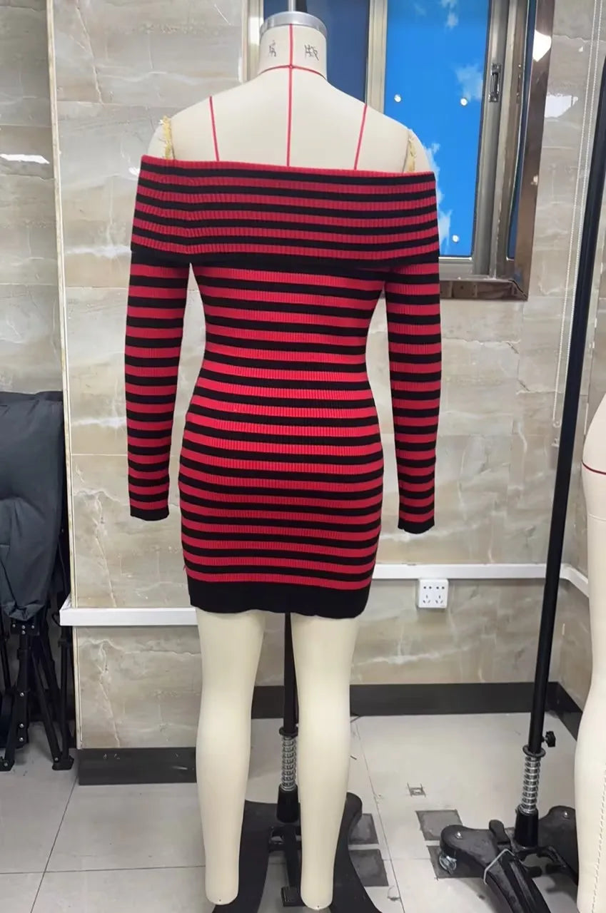 Y2K Women Striped Knit Bodycon Dress Off The Shoulder Long Sleeve Button Detail Slim Fit Mini Dress Night Party Clubwear