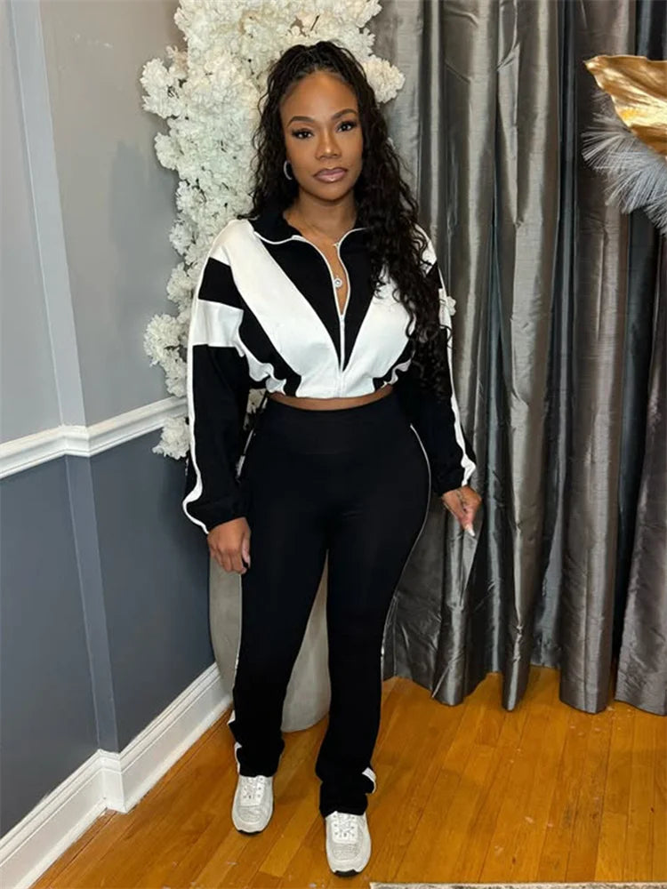 Contrast Patchwork Tracksuit 2 Piece Set Women Zipper Cardigan Jacket+Skinny Pants Casual Fashion Simple Sporty Suit