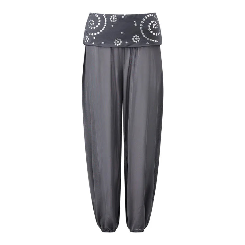 Sheer Mesh Harem Pants for Women with Rhinestone Waistband Low Waist Loose See-Through Beach Cover Up Trousers